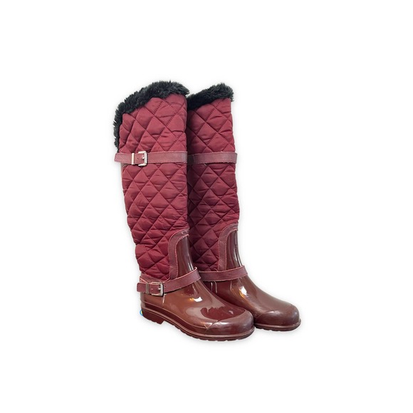 Michael Kors Red Fulton Quilted Rain Snow Boots, MK Burgundy Over The Knee Shoe - Picture 1 of 10